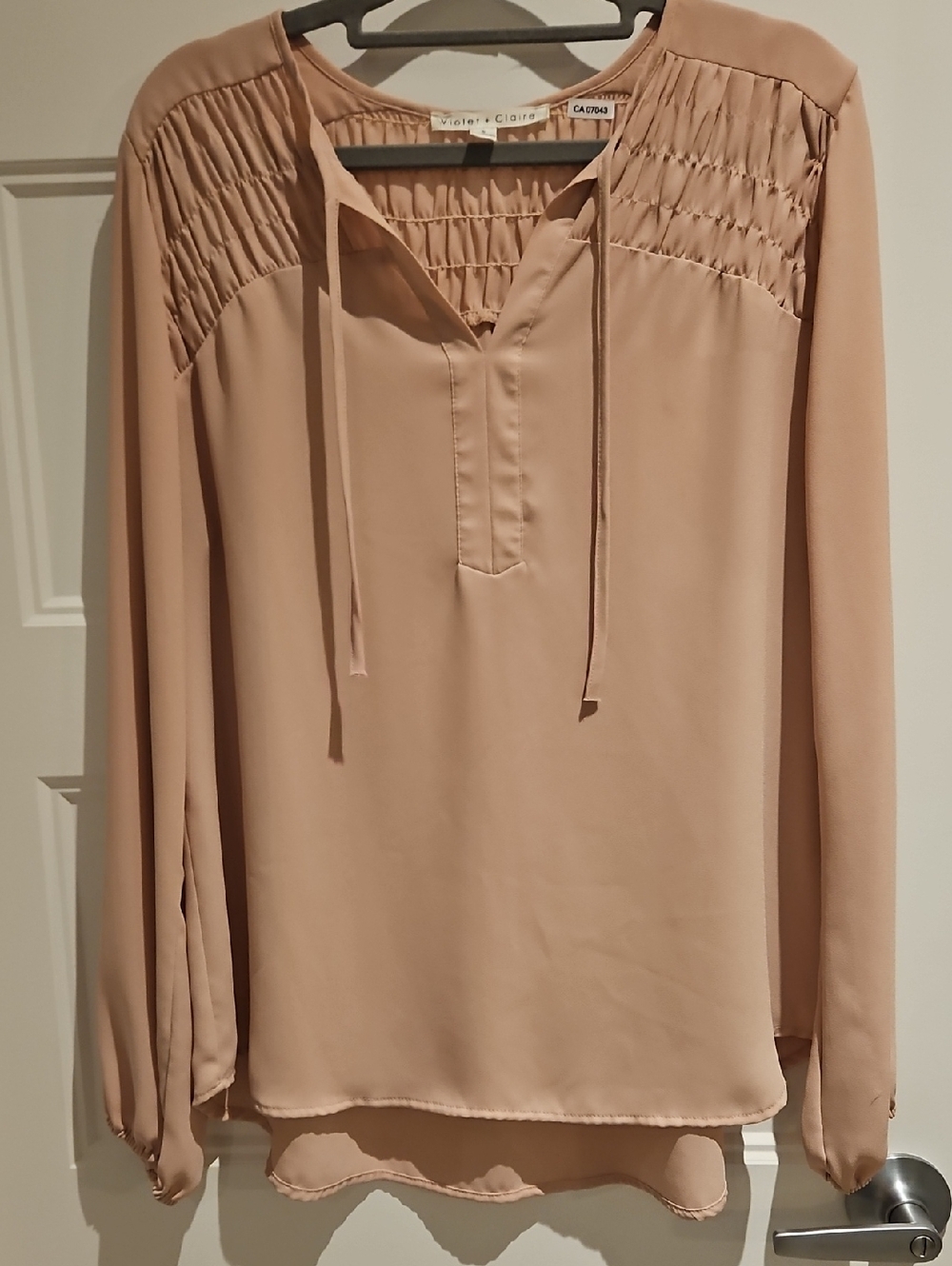 Violet & Claire Dusty Blush Smocked Yoke Tie-Neck Blouse